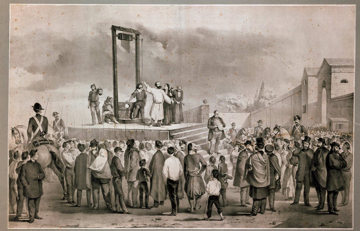 إعدام فيليس أورسيني (1819-1858) وبييري في 13/03/1858 ، اللذين نفذا هجوم 14 يناير 1858 ضد نابليون الثالث في ساحة لا روكيت في باريس ليثوغراف في نهاية القرن التاسع عشر. متحف ميلان ديل Risorgimento بواسطة المدرسة الايطالية