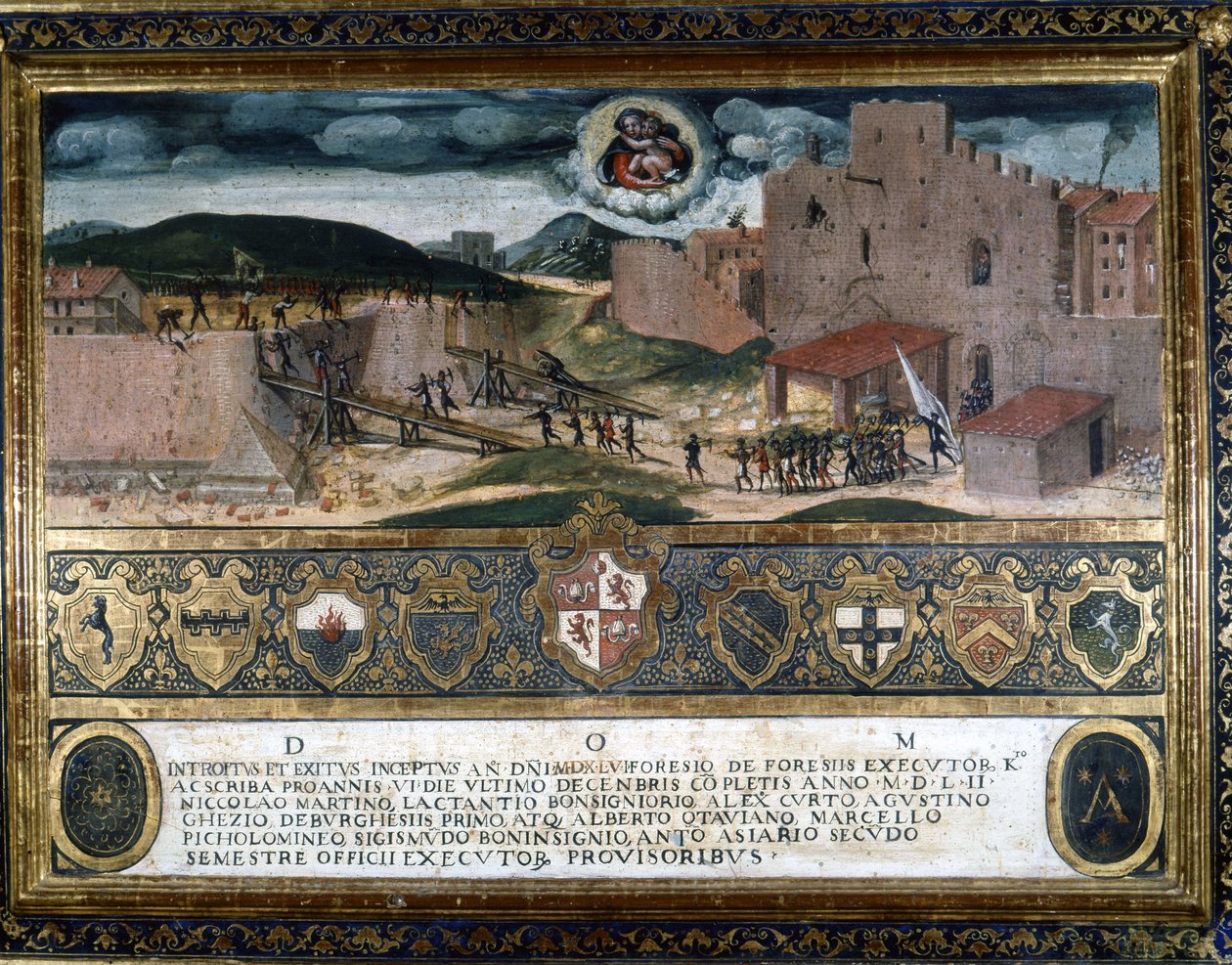 دمر سكان سيينا القلعة التي بناها الإسبان في عهد شارل الخامس 1552. بواسطة المدرسة الايطالية
