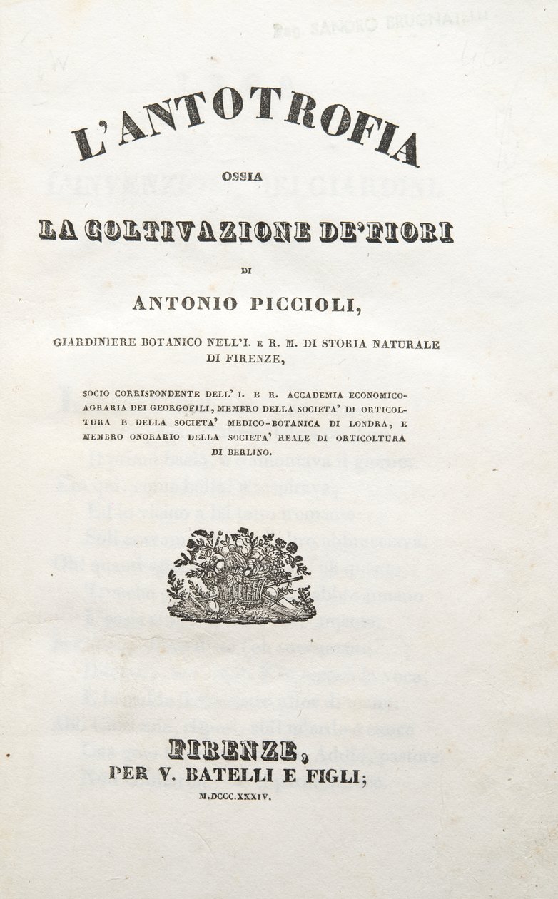صفحة العنوان ، من Antotrophy أو زراعة الزهور بواسطة أنطونيو Piccioli ، حانة .1834 (نقش) بواسطة المدرسة الايطالية