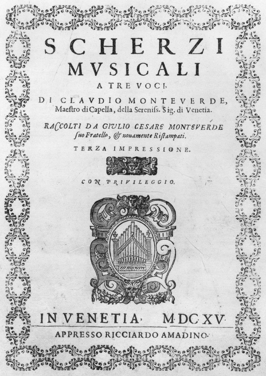 صفحة عنوان مقطوعة موسيقية من تأليف كلاوديو مونتيفيردي (1567-1643) 1615 بواسطة المدرسة الايطالية
