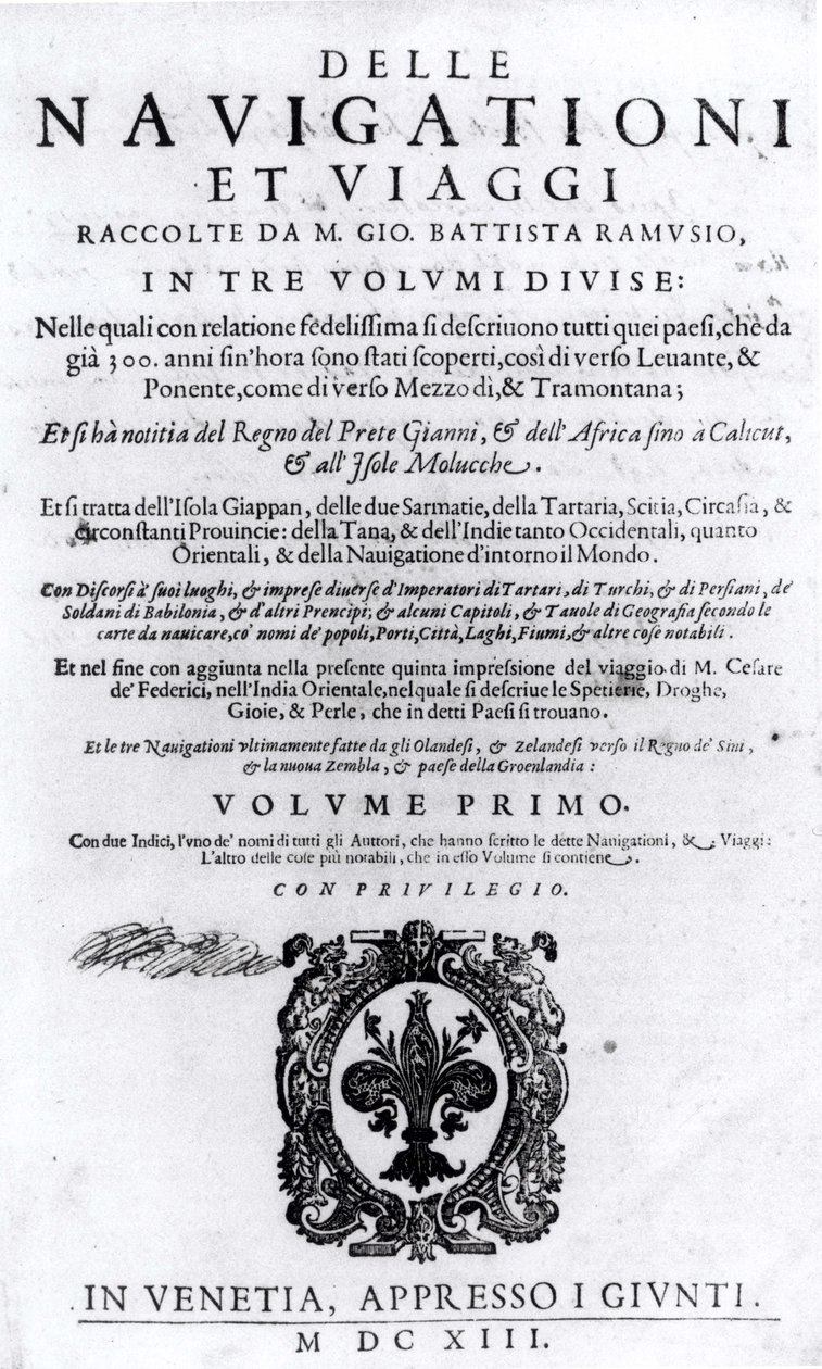 صفحة العنوان للمجلد الأول من Delle Navigationi et Viaggi بقلم جيوفاني راموسيو (1485-1557) تم نشره عام 1613 بواسطة المدرسة الايطالية
