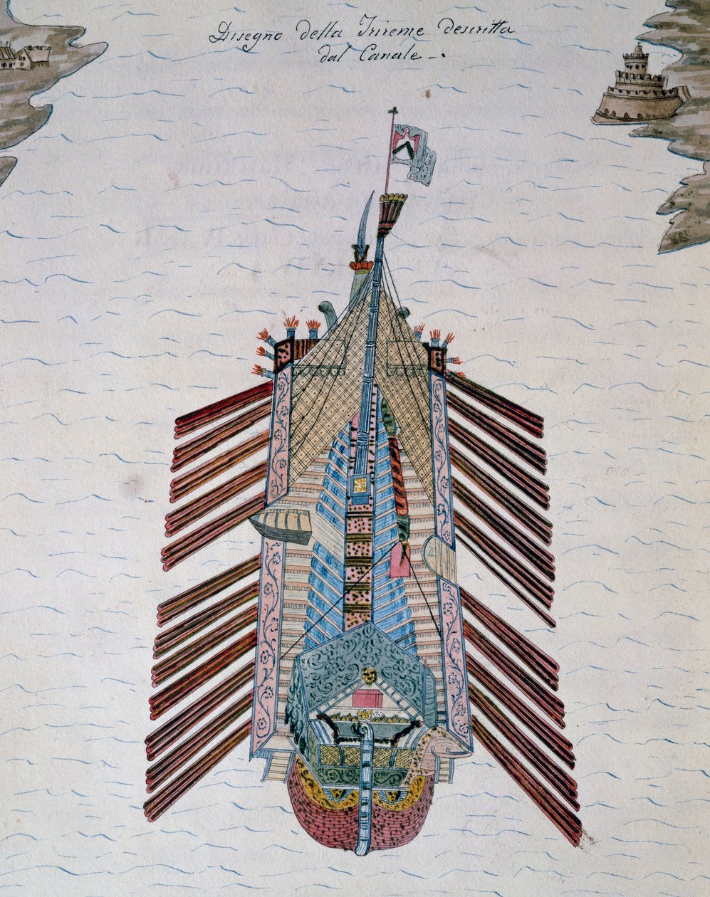 Trireme (ship with three banks of oars), from On maritime militia treatise, by Cristoforo Canal (1510-1562), Italy بواسطة المدرسة الايطالية