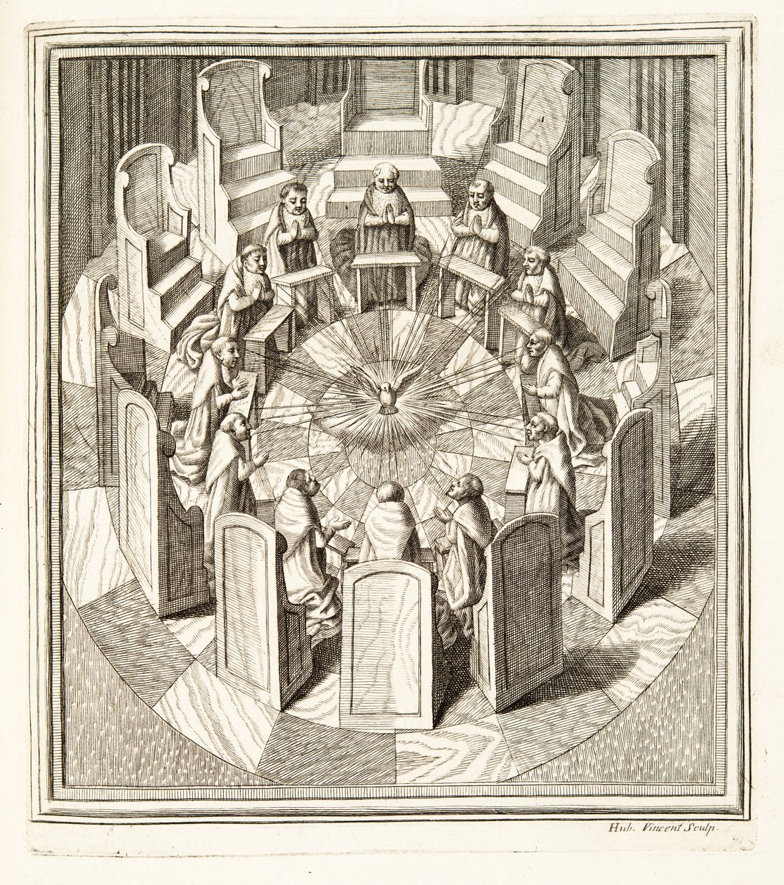 Twelve Judges of the Rota praying in a circular hall surrounding the Holy Spirit, pub. 1717 (engraving) بواسطة المدرسة الايطالية