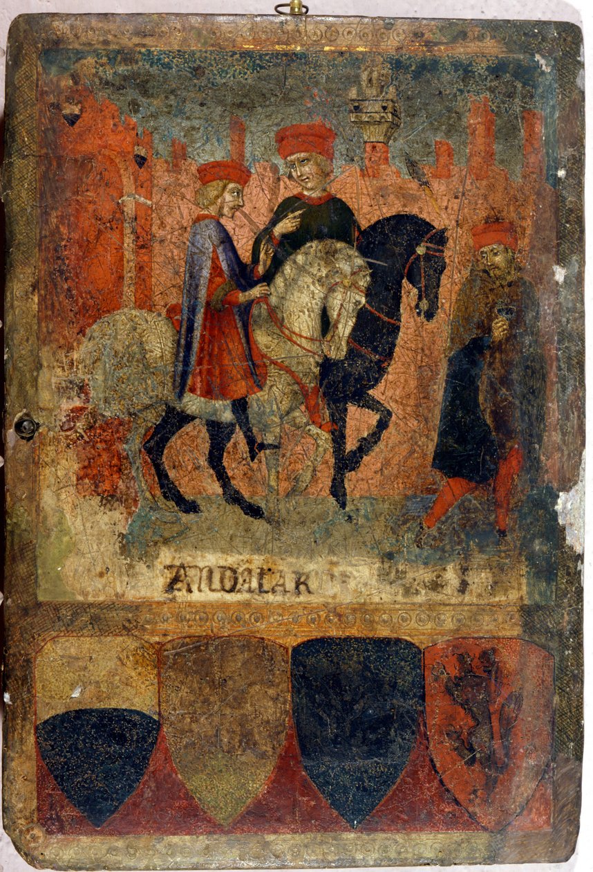 مفتشو ضرائب اثنان. Biccherna (غلاف السجل المحاسبي لمدينة سيينا). الأرشيف الوطني - Museo delle Tavolette de Bicherna ، سيينا. أواخر القرن الرابع عشر - أوائل القرن الخامس عشر. بواسطة المدرسة الايطالية