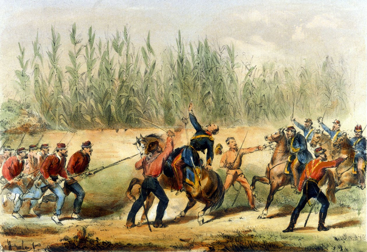 Unite d'Italie: حملة الألف أو القمصان الحمراء بقيادة جوزيبي غاريبالدي (1807-1882). قتل غاريبالدي قائد سلاح الفرسان في نابولي في معركة ميلاتسو. صقلية القرن التاسع عشر الطباعة الحجرية بواسطة المدرسة الايطالية