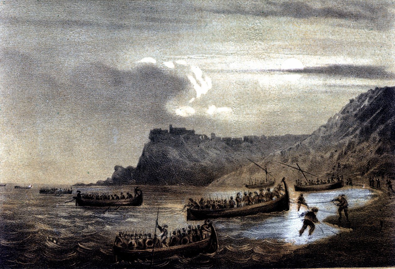 اتحاد إيطاليا: حملة الألف أو القمصان الحمراء بقيادة جوزيبي غاريبالدي (1807-1882). رحيل الأسطول الأول من غاريبالديين نحو كالابريا في فورت ستيلا. مطبوعات القرن التاسع عشر بواسطة المدرسة الايطالية