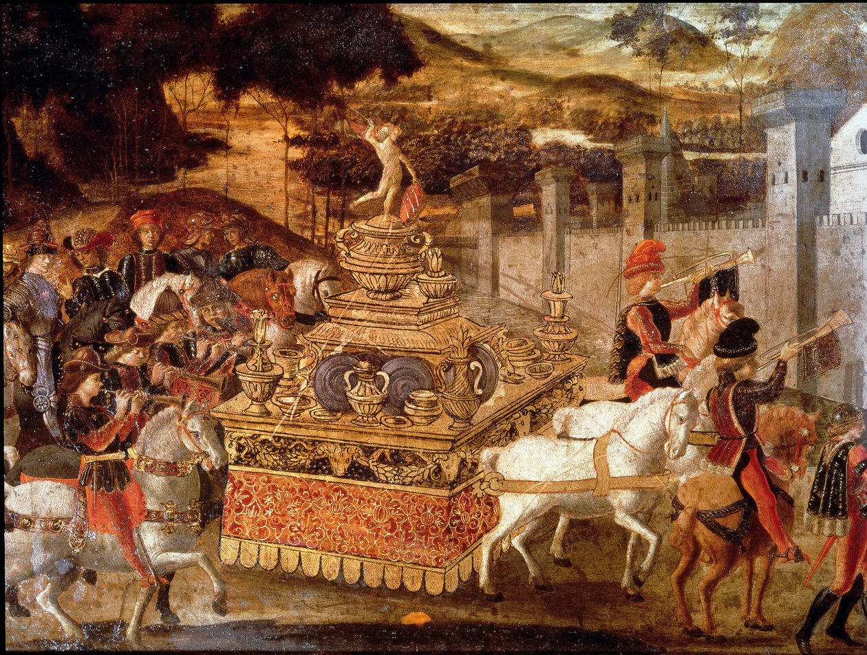 انتصار Lucius Aemilius Paullus أو Paul Emile المقدوني (حوالي 230-160 قبل الميلاد) على Persee ملك مقدونيا تفاصيل المسيرة وعربة النصر. لوحة للمدرسة الفلورنسية في القرن الخامس عشر. باريس ، متحف جاكيمارت أندريه بواسطة المدرسة الايطالية