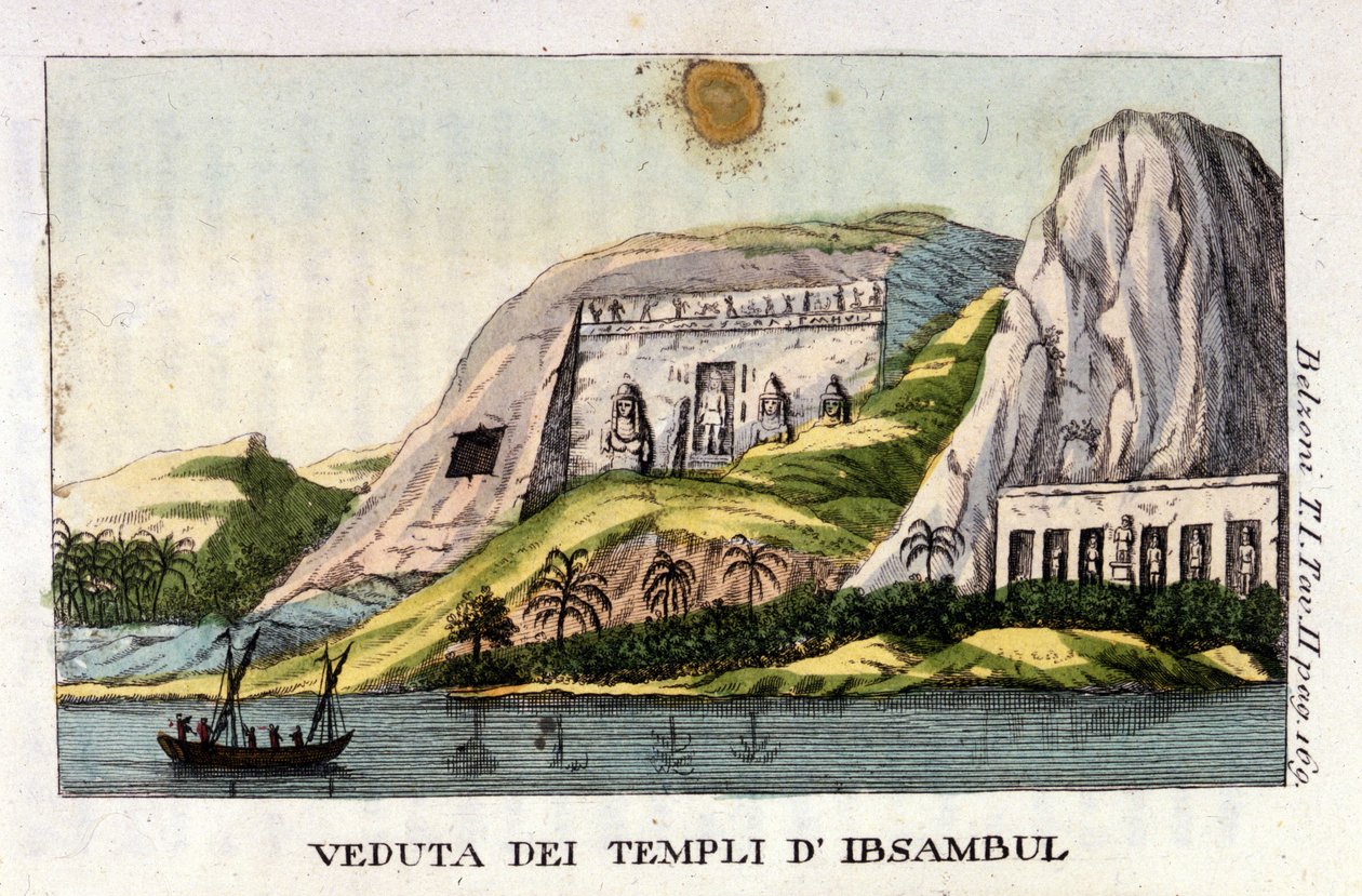 منظر لمعبد أبو سمبل. المؤلف جيوفاني باتيستا (جيانباتيستا) بيلزوني (1778-1823) ، مستكشف وعالم آثار إيطالي ، قام باكتشافات أثرية مهمة في مصر. نقش - في "" Viaggio in Egitto e in Nubia "بقلم بيلزوني ، ميلان بواسطة المدرسة الايطالية