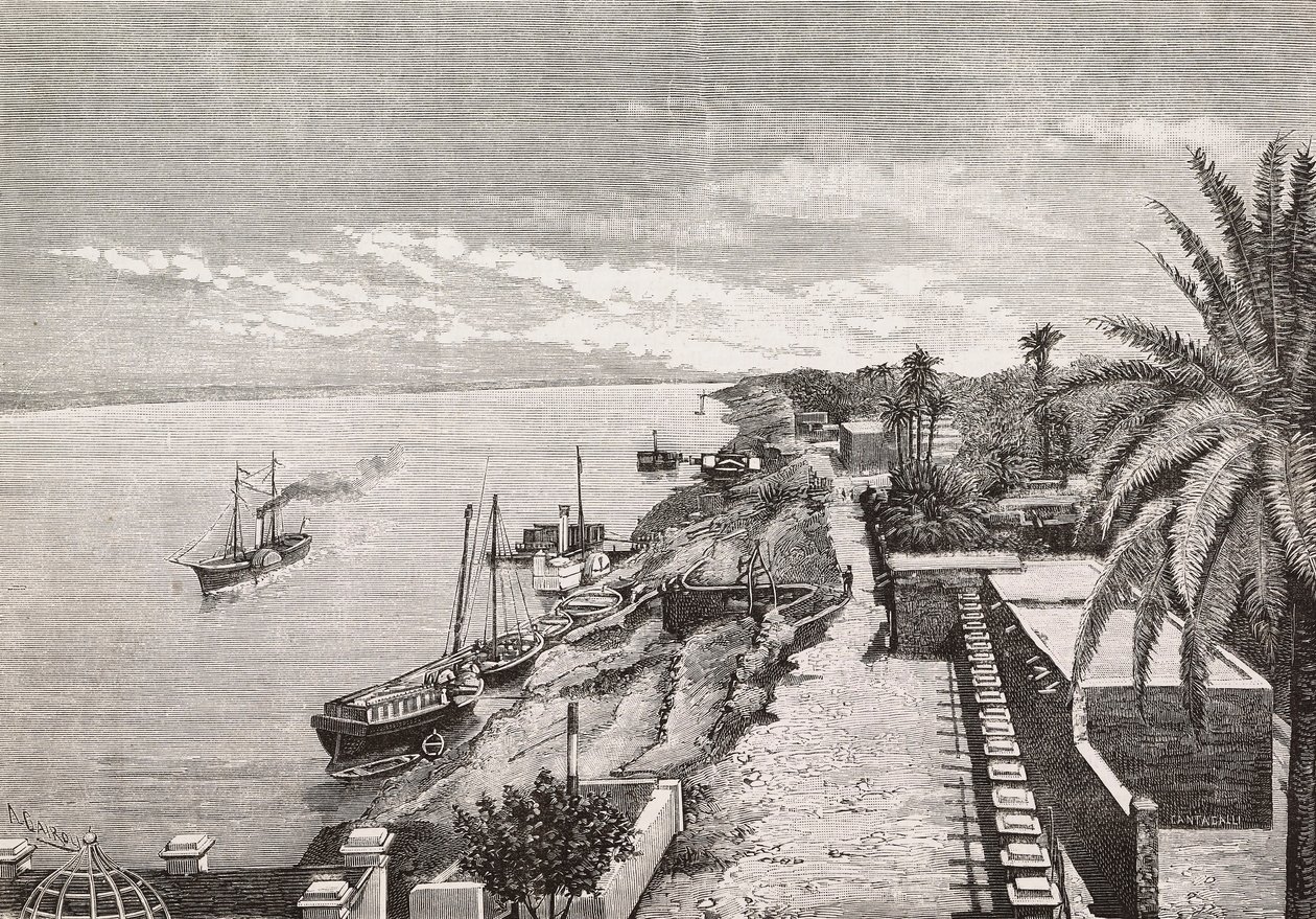 View of Khartoum along Blue Nile, Sudan, engraving by Cairoli from photograph by Buchta, from L
