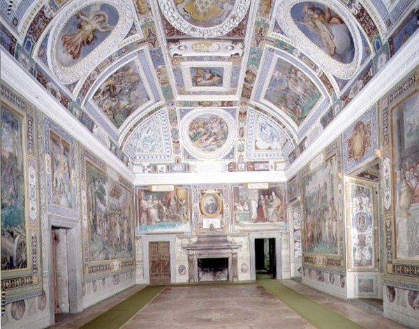 منظر لـ "Sala dei Fasti Farnese" (Hall of the Splendors of the Farnese) من تصميم Onofrio Panvinio ورسمه تاديو (1529-66) و Federico Zuccaro (1540-1609) 1557-83 (في الهواء الطلق) بواسطة المدرسة الايطالية