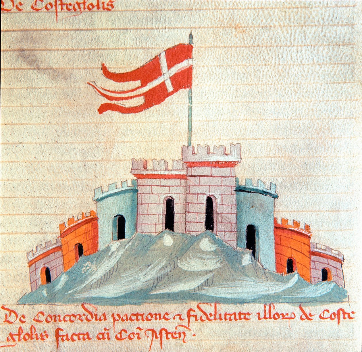 View of the castle of Castiglione in Tuscany Miniature from “” Codex Astensis”” (or Malabayla), chronicles on the city of Asti between 1065 and 1353. 14th century. Preserve in the mayor of Asti بواسطة المدرسة الايطالية