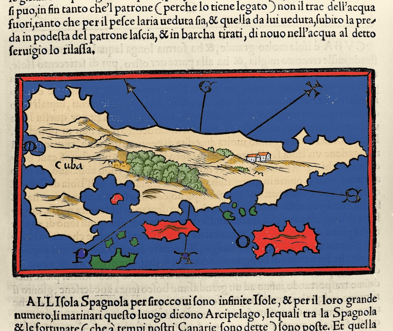 منظر لجزيرة كوبا. Isolario (خريطة الجزر) بواسطة Benedetto Bordone. البندقية 1547 بواسطة المدرسة الايطالية