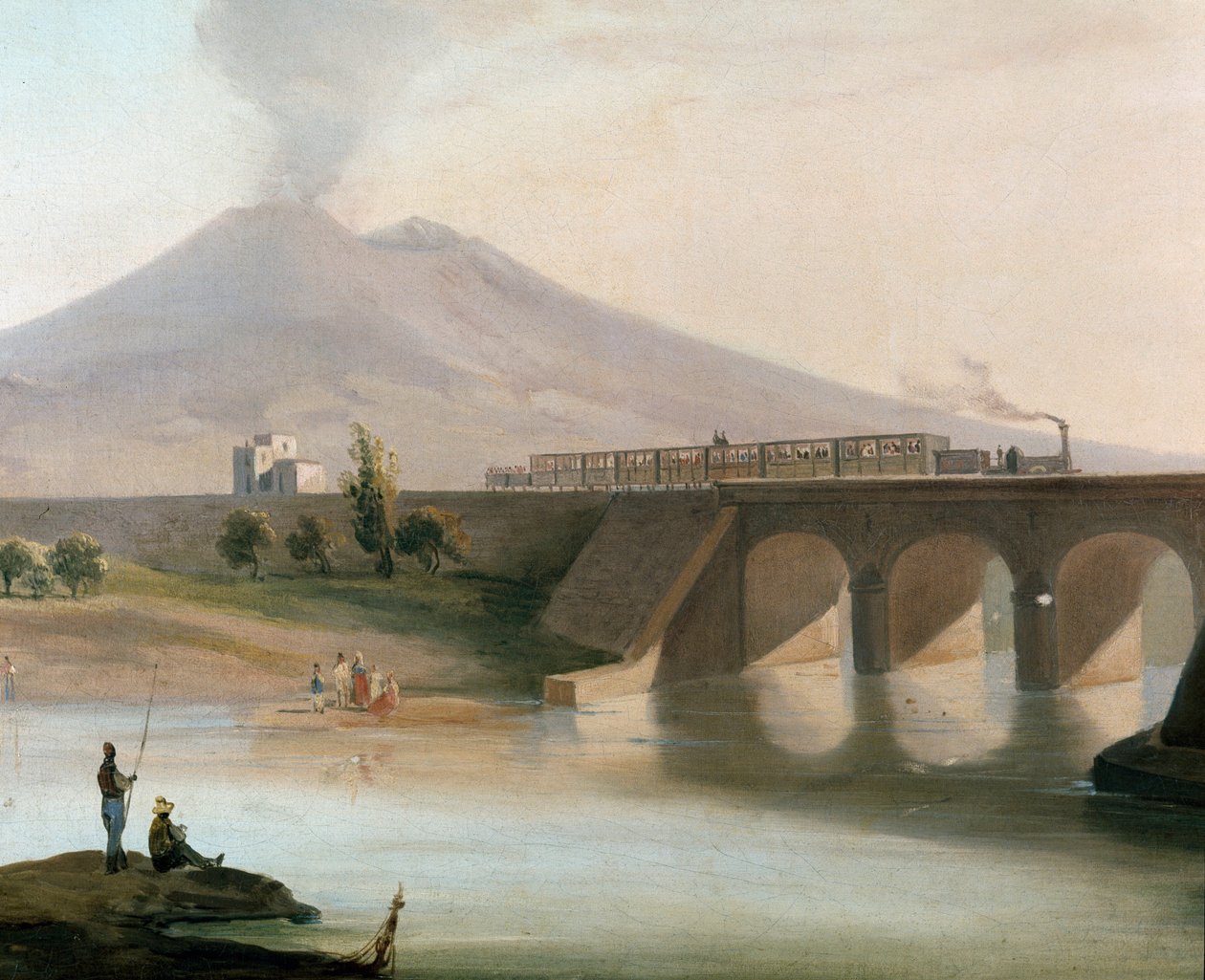 منظر لخط السكة الحديد بين Torre Annunziata و Nocera في منطقة نابولي التي تم افتتاحها في عام 1844 ، يمكن رؤية Vesuve في الخلفية (منظر لخط السكة الحديد بين Torre Annunziata و Nocera بالقرب من نابولي) - لوحة من القرن التاسع عشر Museo Nazio بواسطة المدرسة الايطالية