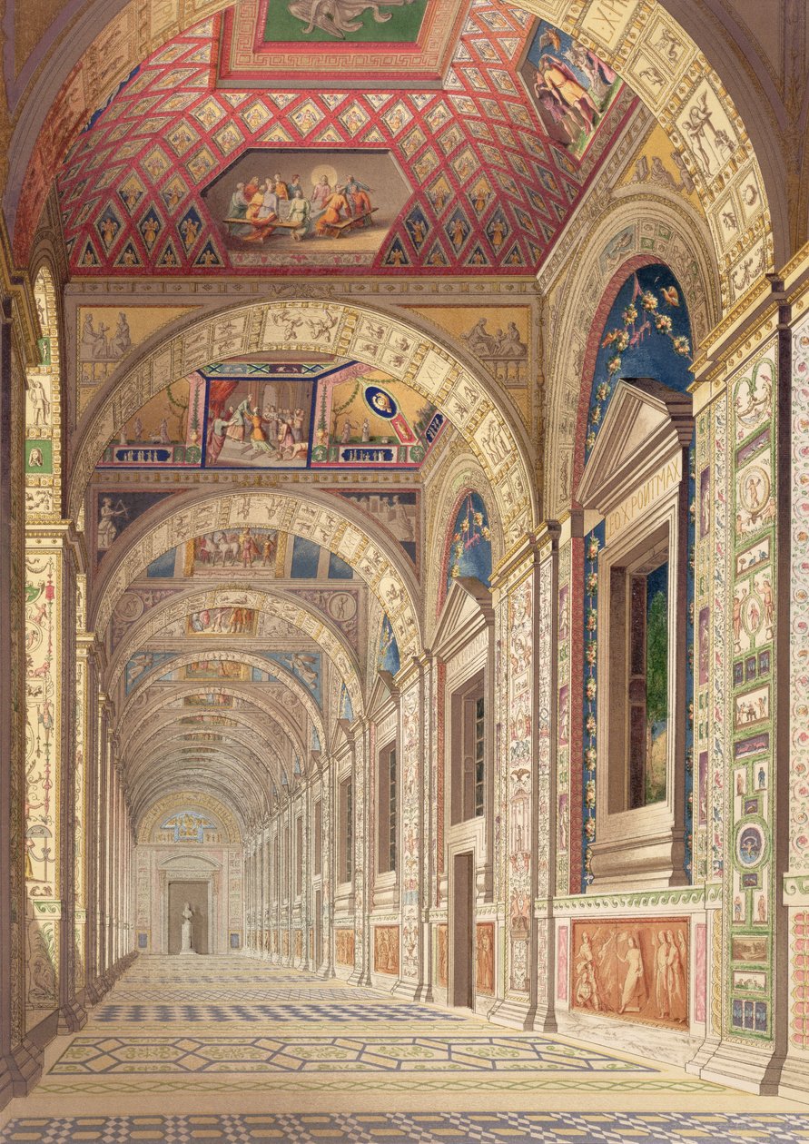 منظر للطابق الثاني لوجيا في الفاتيكان ، مع زخرفة رافاييل ، من Delle Loggie di Rafaele nel Vaticano ، نُشرت على شكل ورقة فضفاضة في طبعة عام 1814 (نقش ملون باليد) بواسطة المدرسة الايطالية