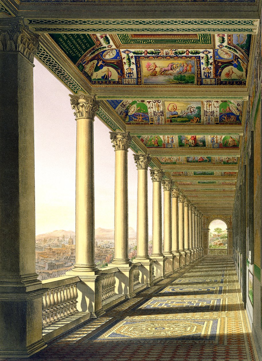 منظر للطابق الثالث لوجيا في الفاتيكان ، مع زخرفة رافاييل ، من Delle Loggie di Rafaele nel Vaticano ، تم نشره على شكل ورقة فضفاضة في طبعة عام 1814 (نقش ملون باليد) بواسطة المدرسة الايطالية