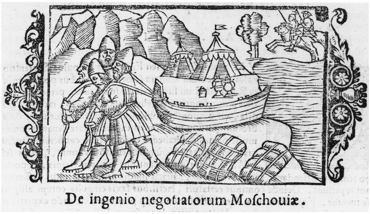 الفايكنج يحملون قاربًا إلى روسيا ، من تاريخ الشعوب الشمالية بقلم Olaus Magnus (1490-1558) ، نُشر في روما ، 1555 بواسطة المدرسة الايطالية