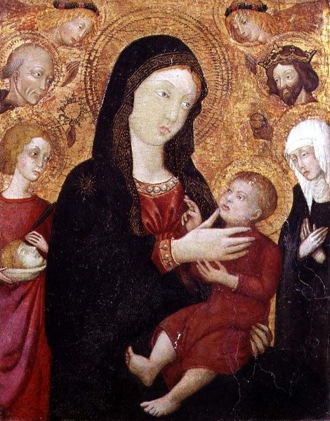 العذراء والطفل مع S. Bernadino و Sigismund و Clare و Crescentius ، النصف الثاني من القرن الخامس عشر (تمبرا على لوحة) بواسطة المدرسة الايطالية