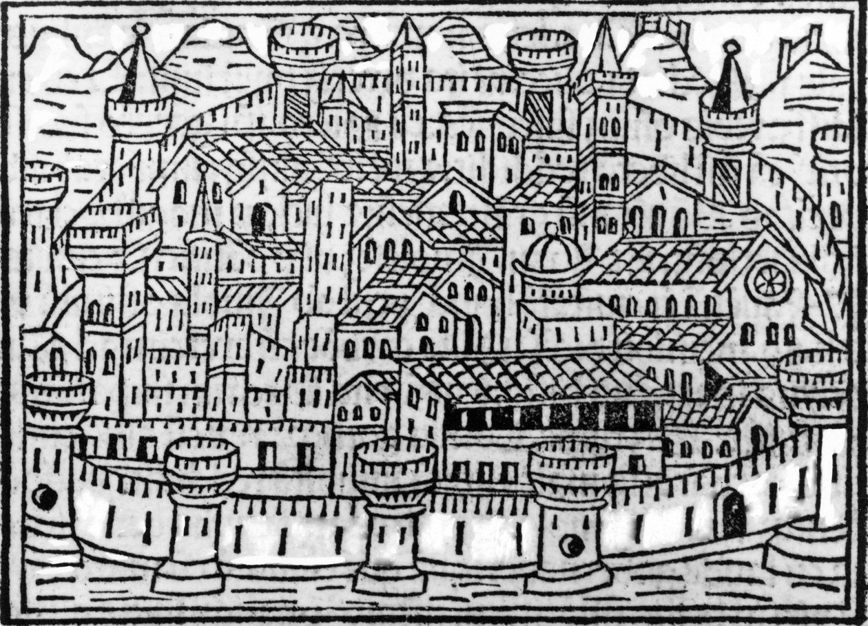 مدينة مسورة مكملة من Chronicarum بواسطة Giacomo Filippo Foresti ، 1506 بواسطة المدرسة الايطالية