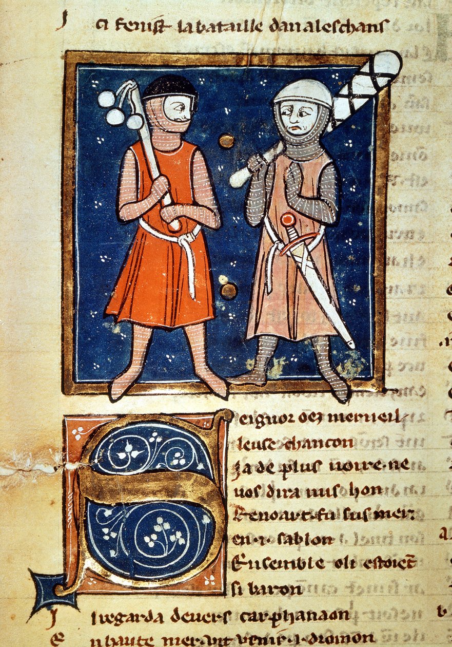أذرع المحاربين من الهراوات - في مخطوطة "" The moinage of William "" من القرن الثالث عشر. bibilioteca Trivulziana. ميلان بواسطة المدرسة الايطالية