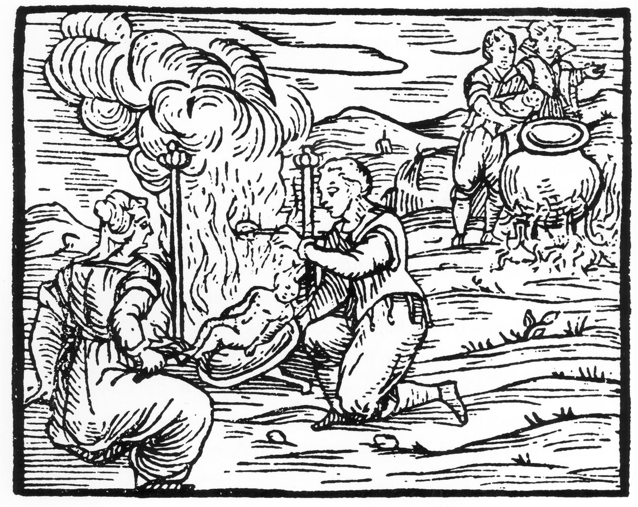 السحرة تحميص وغلي الرضع ، نسخة من رسم توضيحي من Compendium Maleticarum بواسطة Fr M Guaccius ، ميلان 1608 ، تم استخدامه في تاريخ السحر ، تم نشره في أواخر القرن التاسع عشر بواسطة المدرسة الايطالية