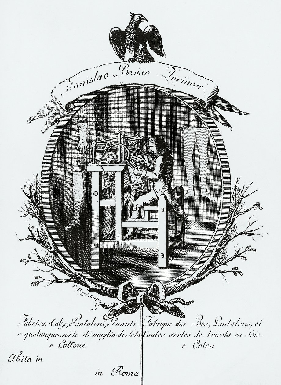 عامل في النول ، Image Advertising Stanislaus Bosisio Torinese ، مُصنِّع الجوارب ، والسراويل ، والقفازات ، وأي نوع من أنواع الحرير والقطن المحبوكة ، نقش ، إيطاليا بواسطة المدرسة الايطالية