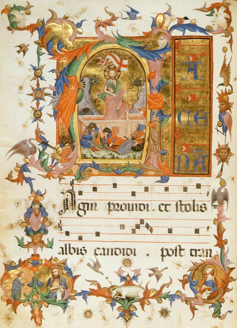 f.80v القيامة ، من "كتاب ترنيمة دير القديس المخلص" ، سيينا 1415 (ورق). بواسطة المدرسة الايطالية