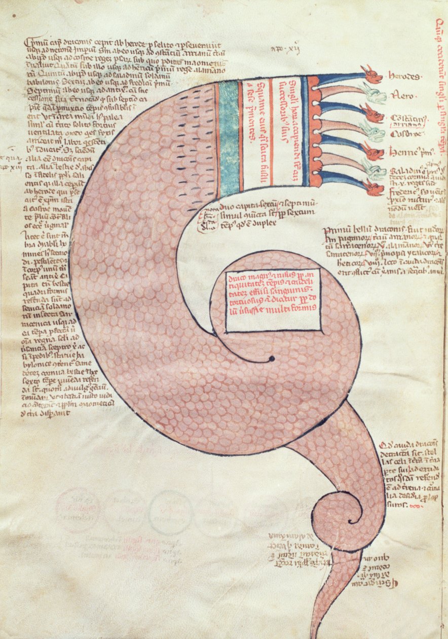 السيدة ASPi ، CM 15 ، c.3v صفحة من النص مع تنين مروع ، من Liber Figurarum e le Proemisssiones Gioachimitiche بواسطة Joachim of Flora (c.1132-1202) بواسطة المدرسة الايطالية