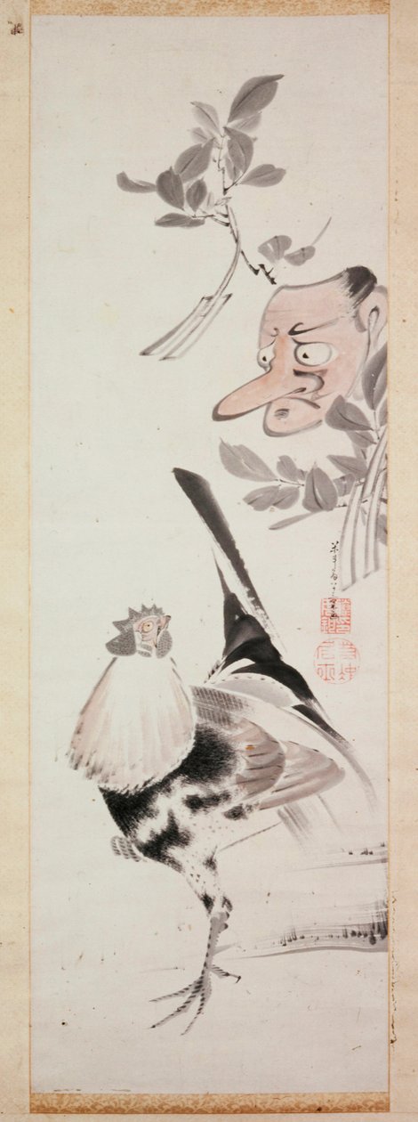 Cockerel and Tengu-Mask ، c.1775 (حبر ولون فاتح على الورق) بواسطة ايتو جاكوتشو