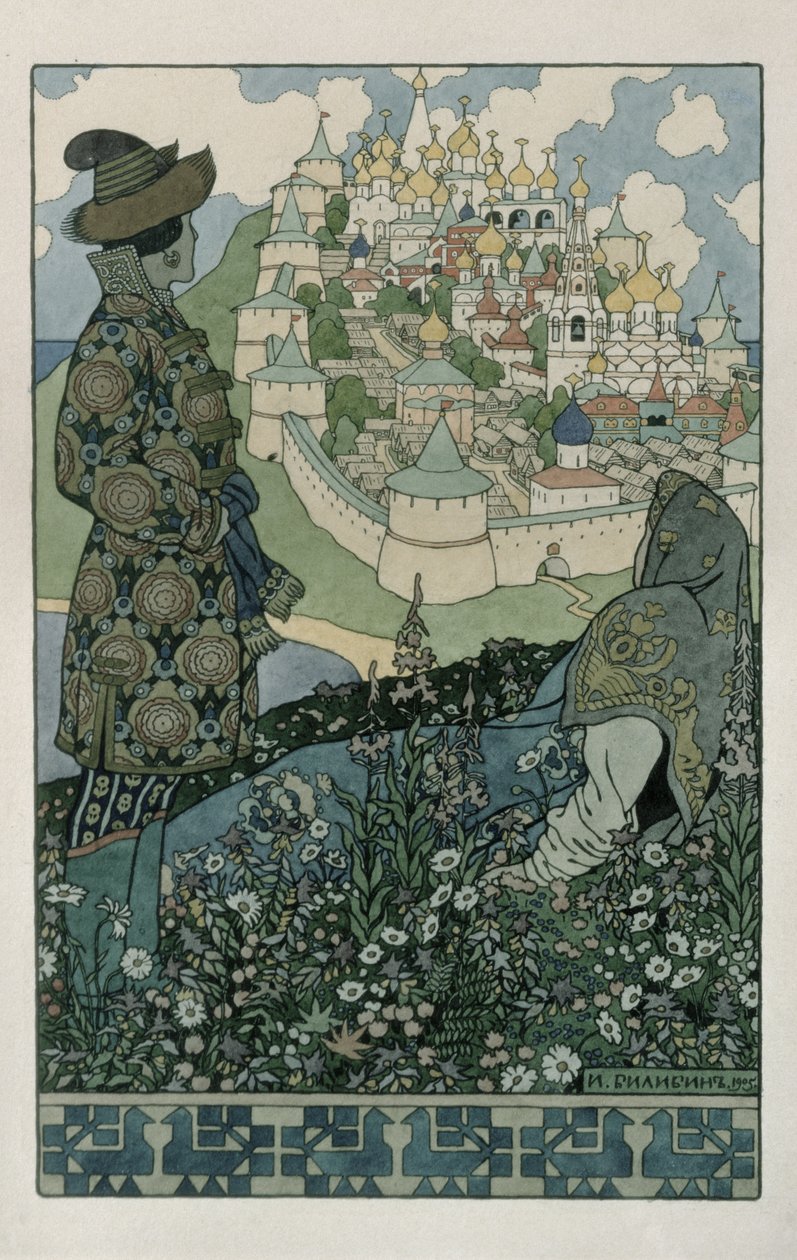 رسم توضيحي لـ "رواية القيصر سالتان" لألكسندر بوشكين ، 1905 بواسطة إيفان ياكوفليفيتش بيليبين