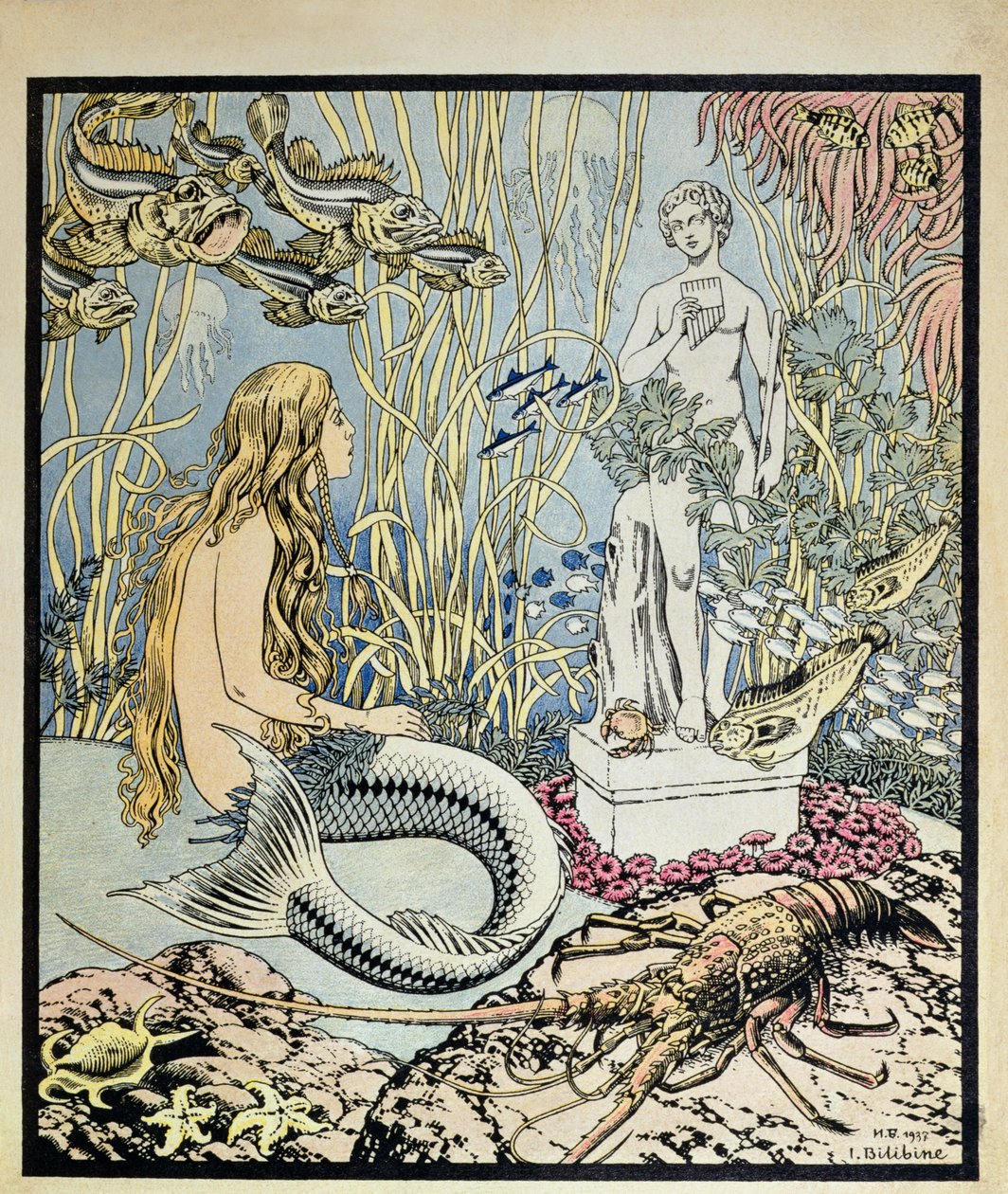حورية البحر الصغيرة قبل تمثال في البحر ، رسم توضيحي لقصة خرافية كتبها هانز كريستيان أندرسن (1805-75) ، من ألبوم Album Pere Castor الذي نشره Flammarion ، 1937 (نقش الألوان) بواسطة إيفان ياكوفليفيتش بيليبين