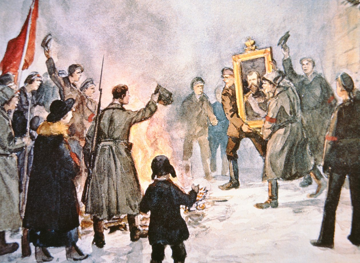 جنود البلاشفة على وشك حرق صورة للقيصر ، خلال الثورة الروسية عام 1917 (لون ليثو) بواسطة إيفان أليكسييفيتش فلاديميروف