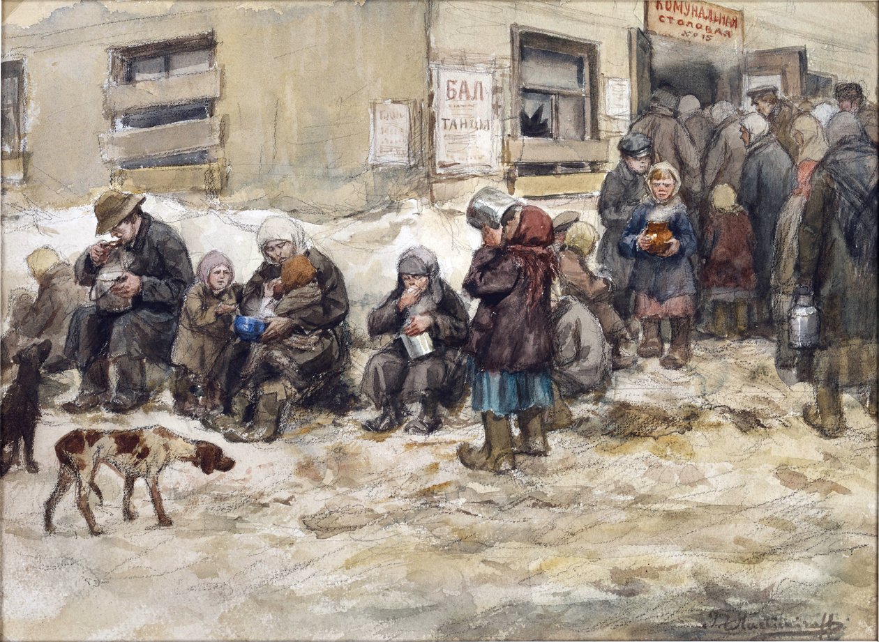 سنوات الجوع في بتروغراد. "غرفة طعام جماعية" بقلم فلاديميروف وإيفان أليكسييفيتش (1869-1947). ألوان مائية ، غواش على ورق. مجموعة خاصة بواسطة إيفان أليكسييفيتش فلاديميروف