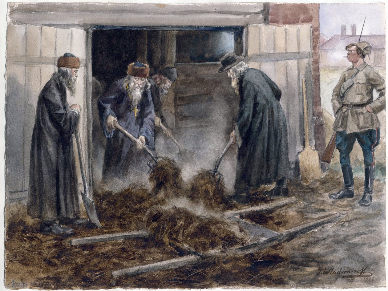 Le clerge russe pelletant le fumier - رجال الدين الروس يجرفون القش: سبتمبر 1918 (من سلسلة الألوان المائية الثورة الروسية) - فلاديميروف ، إيفان أليكسييفيتش (1869-1947) - 1918 - ألوان مائية على الورق - 25،8x34،3 - مجموعة خاصة بواسطة إيفان أليكسييفيتش فلاديميروف