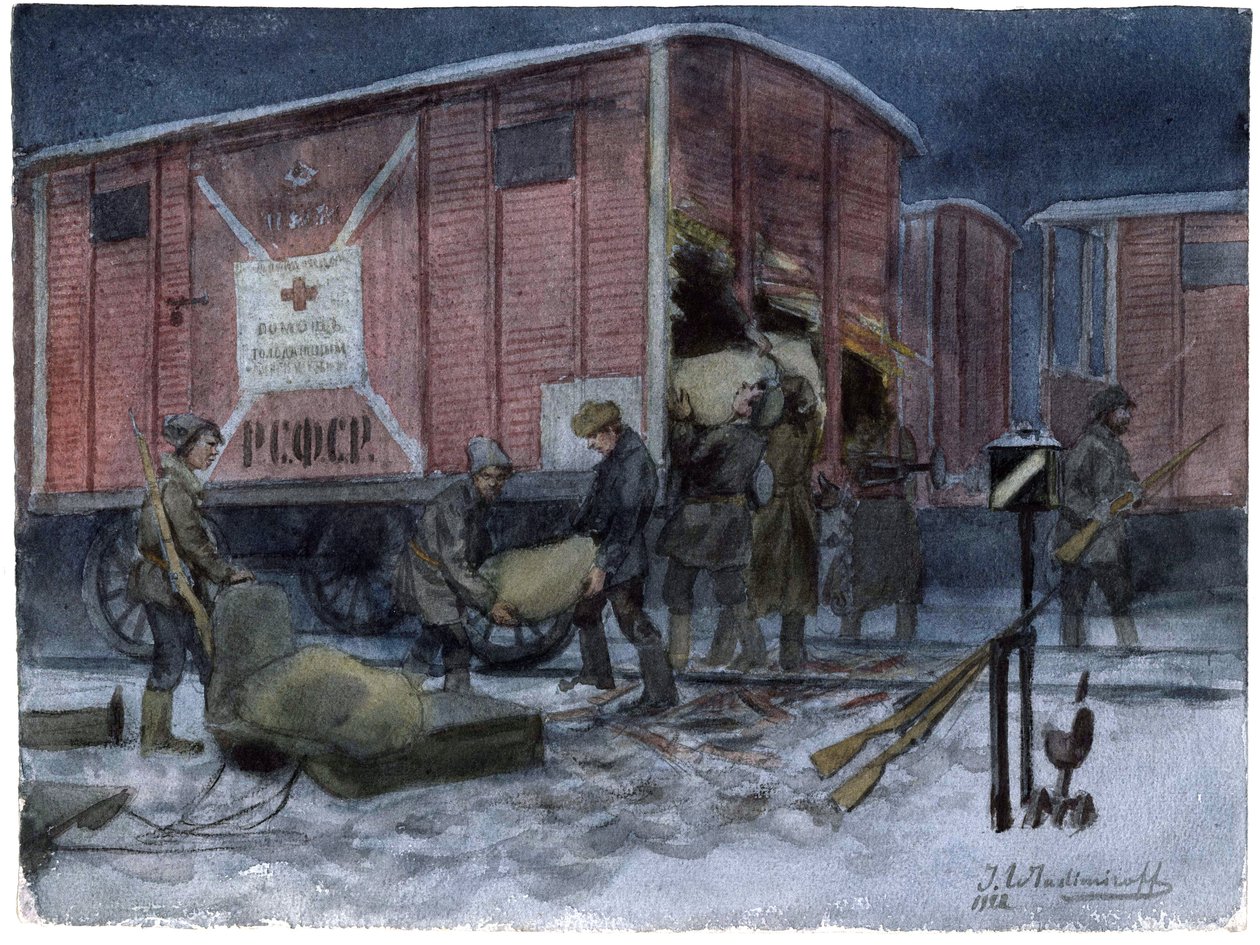 Soldats pillant un wagon de chemin de fer - جنود ينهبون عربة سكة حديد (من سلسلة الألوان المائية للثورة الروسية) - فلاديميروف ، إيفان أليكسييفيتش (1869-1947) - 1922 - ألوان مائية على الورق - 25،8x34،1 - مجموعة خاصة بواسطة إيفان أليكسييفيتش فلاديميروف