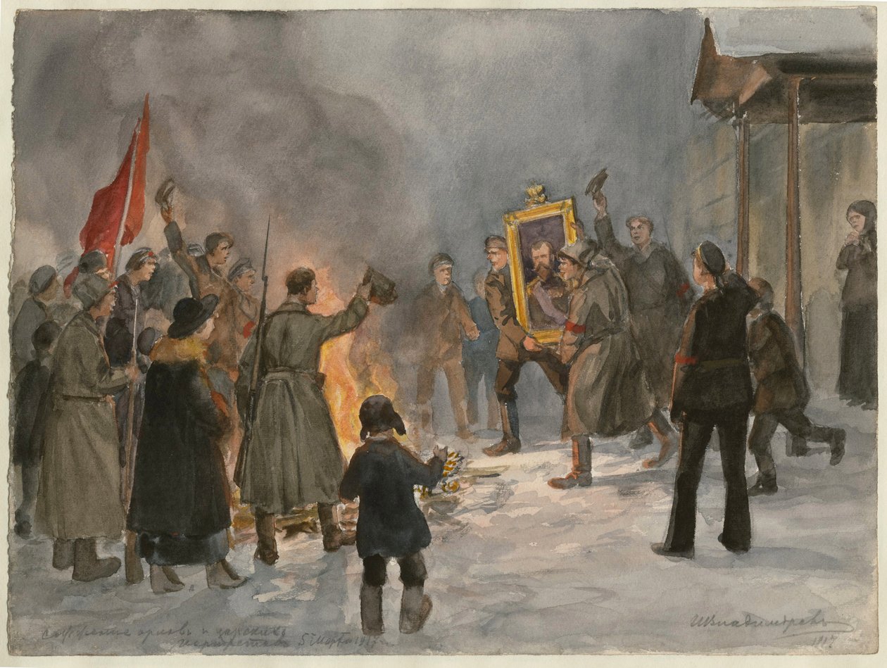 جنود يحرقون اللوحات (من سلسلة الألوان المائية في الثورة الروسية) - Oeuvre de Ivan Alexeyevich Vladimirov (1869-1947) - 1917 - ألوان مائية على الورق - 25،7x34،5 - مجموعة خاصة بواسطة إيفان أليكسييفيتش فلاديميروف