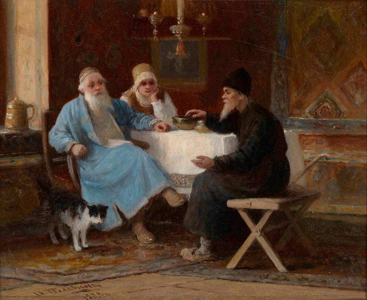 "" محادثة "ثلاث شخصيات على طاولة - رسم إيفان أندرييفيتش بيليفين (1840-1917) 1909 خافت 15 × 20 سم مجموعة خاصة بواسطة إيفان أندريفيتش بيليفين