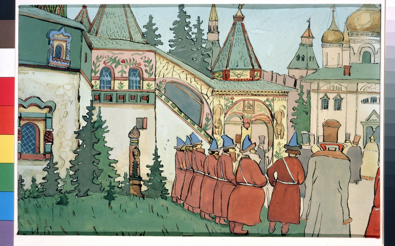 الرسم التحضيري للمسرحية المسرحية Finist the Falcon مستوحى من الحكاية الروسية "ريشة فينيست الصقر الفخور" (تصميم المسرح للمسرحية المسرحية Finist the Falcon). لوحة إيفان ياكوليفيتش بيليبين (بيليبين) (1876-1942). ألوان مائية ، جواش بواسطة إيفان ياكوفليفيتش بيليبين