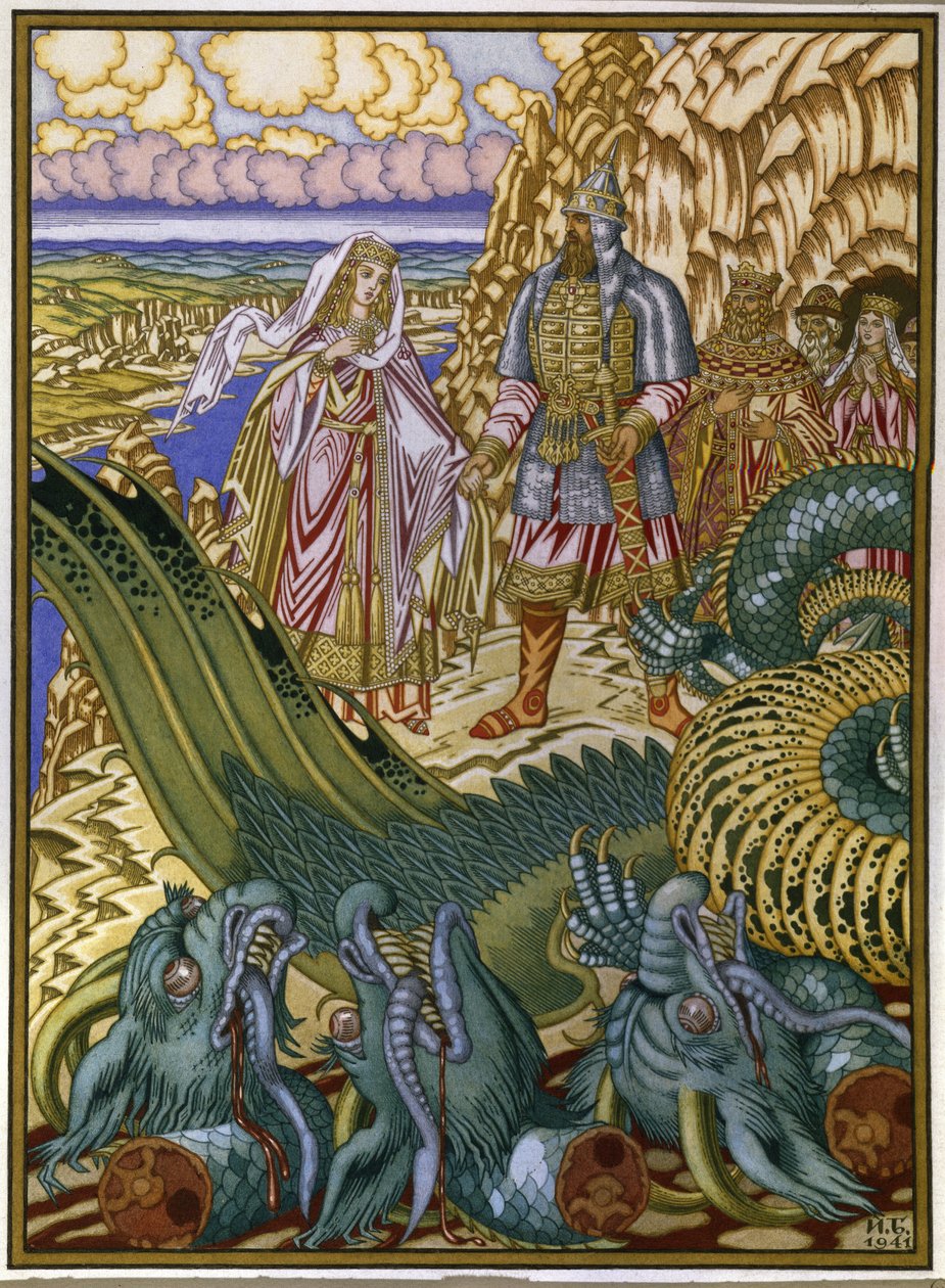 Dobrynia Nikitich تنقذ Zabava Putyatishna من التنين Gorynych. (Dobrynya Nikitich تنقذ Zabava Putyatishna من Dragon Gorynych). حكاية شعبية تقليدية من كييف روس. عمل إيفان ياكوفليفيتش بيليبين (بيليبين) (1876-1942) بالألوان المائية والجواك بواسطة إيفان ياكوفليفيتش بيليبين