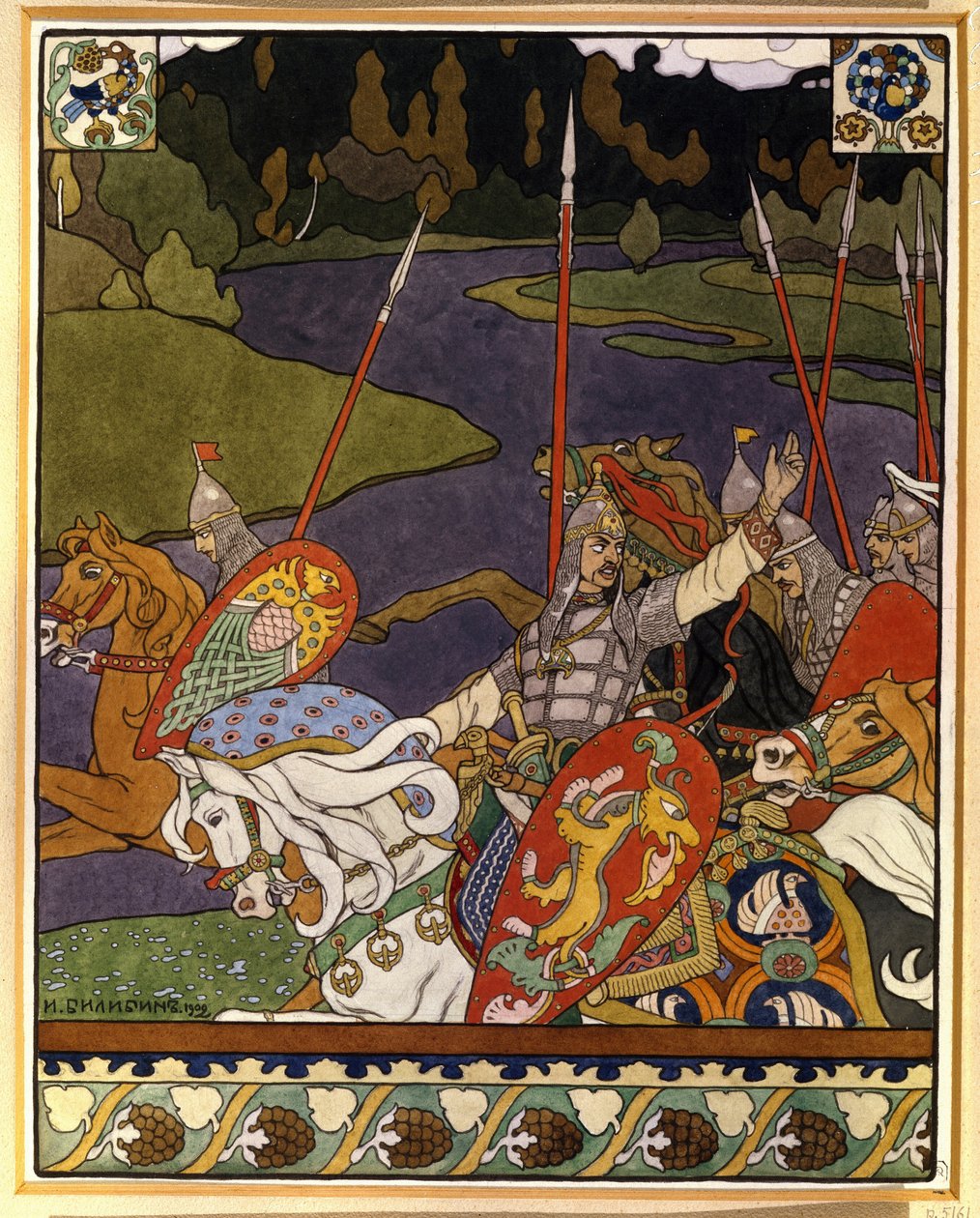 فولغا سفياتوسلافيتش وجيشه. (فولغا سفياتوسلافيتش وجيشه). رسم توضيحي للملاحم الأسطورية المستوحاة من الفولكلور الروسي الشمالي. عمل إيفان ياكوفليفيتش بيليبين (بيليبين) (1876-1942) ، طباعة حجرية بواسطة إيفان ياكوفليفيتش بيليبين