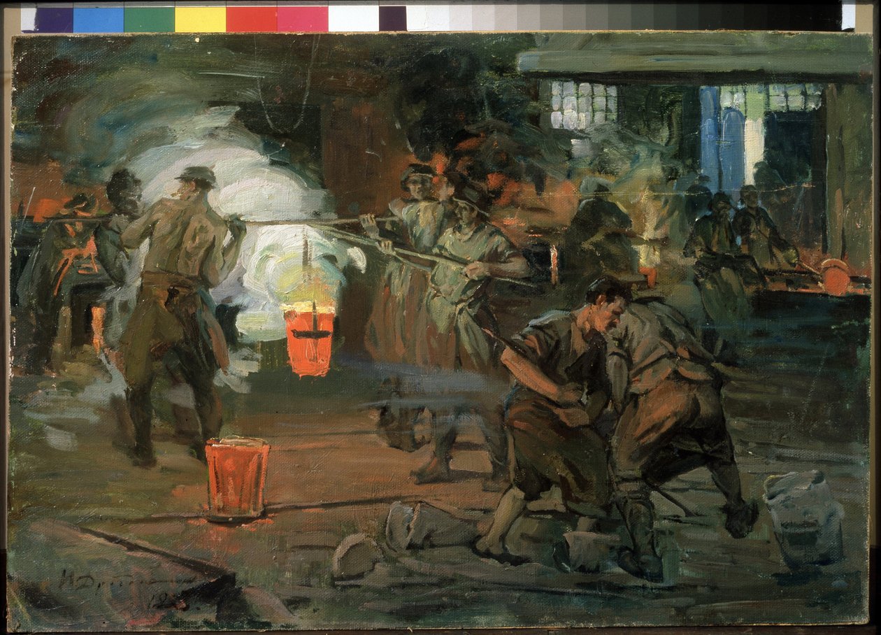 "" عمال في ورشة مسبك "" لوحة رسمها إيفان جورجيفيتش دروزدوف (1880-1939) 1923 متحف الدولة الروسي في سانت بطرسبرغ بواسطة إيفان جورجيفيتش دروزدوف