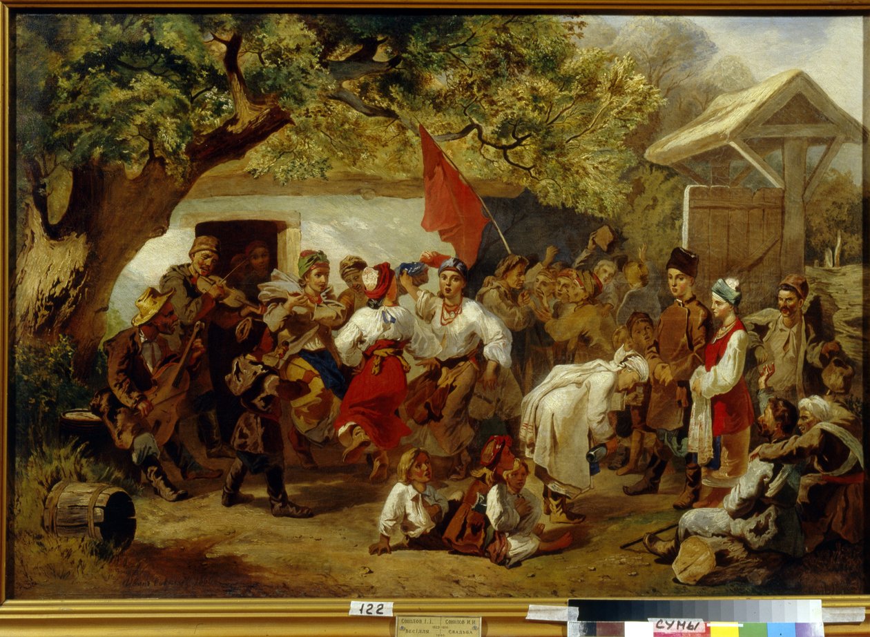 وجبة العرس. (مهرجان الزفاف). لوحة إيفان إيفانوفيتش سوكولوف (1823-1918) ، زيت على قماش بواسطة إيفان إيفانوفيتش سوكولوف