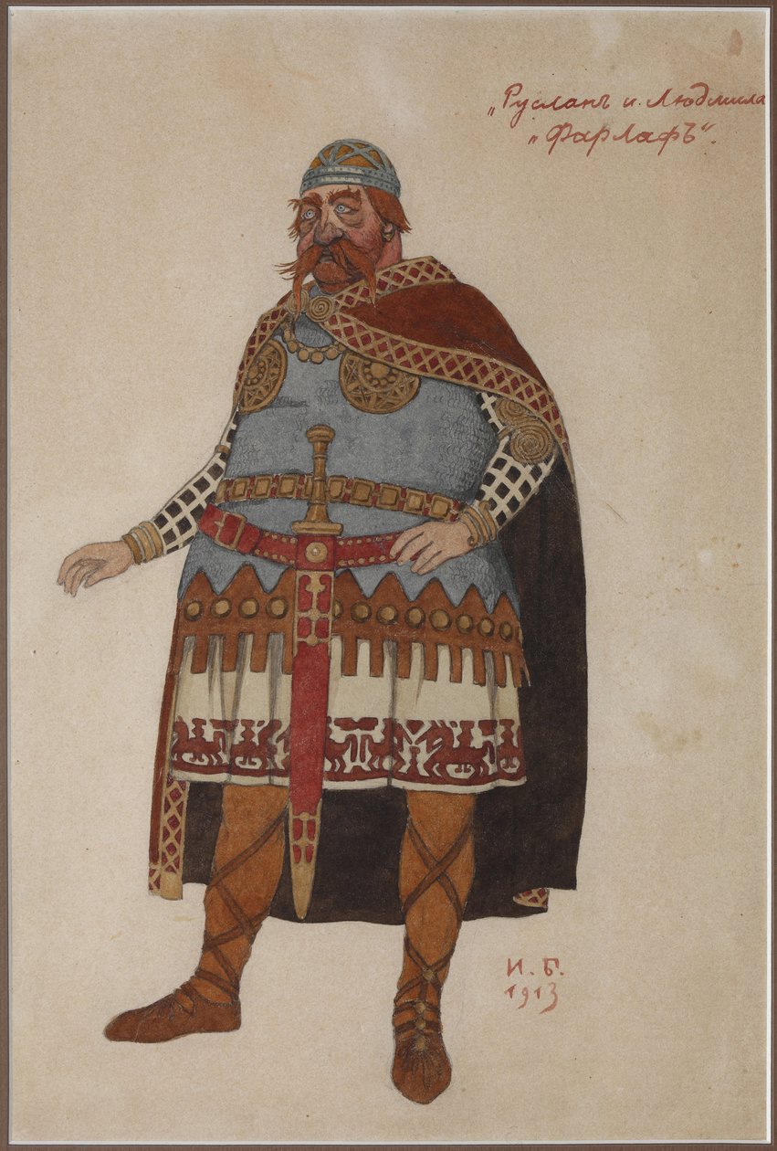تصميم أزياء أوبرا رسلان وليودميلا من تأليف إم جلينكا بار بيليبين وإيفان ياكوفليفيتش (1876-1942). لوحة مائية على كرتون بواسطة إيفان ياكوفليفيتش بيليبين