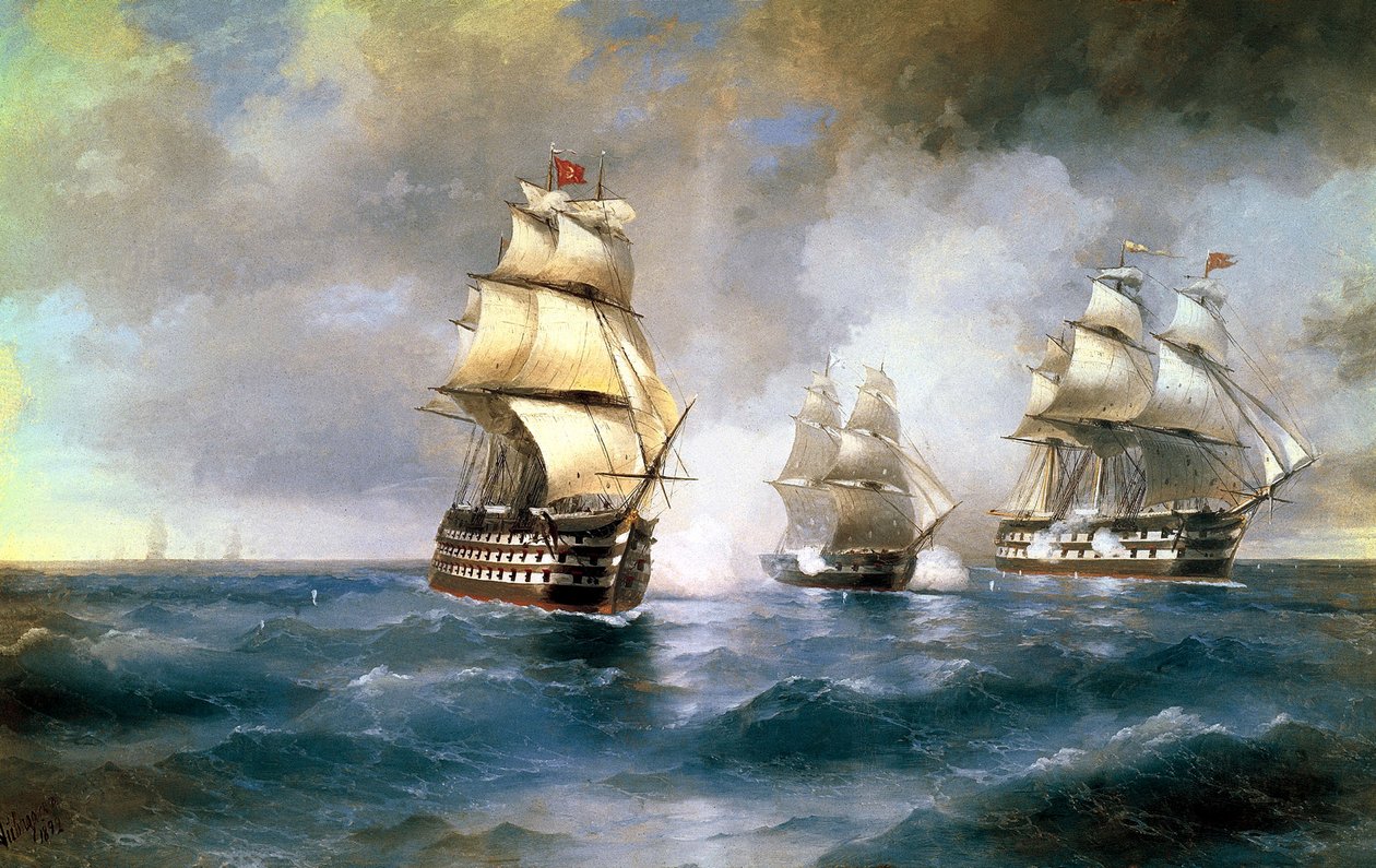 العميد ميركوري تعرضت لهجوم من قبل سفينتين تركيتين في 14 مايو 1829 ، 1892. بواسطة إيفان كونستانتينوفيتش أيفازوفسكي