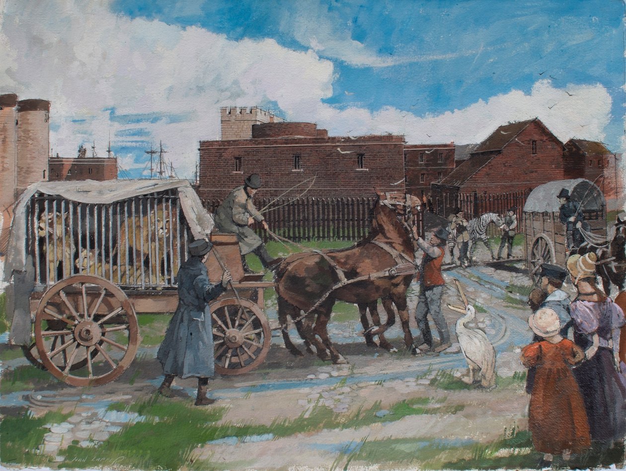 منظر معاد بناؤه لحيوانات من حديقة الحيوانات الملكية وهي تغادر برج لندن حوالي عام 1841 بواسطة إيفان لابر
