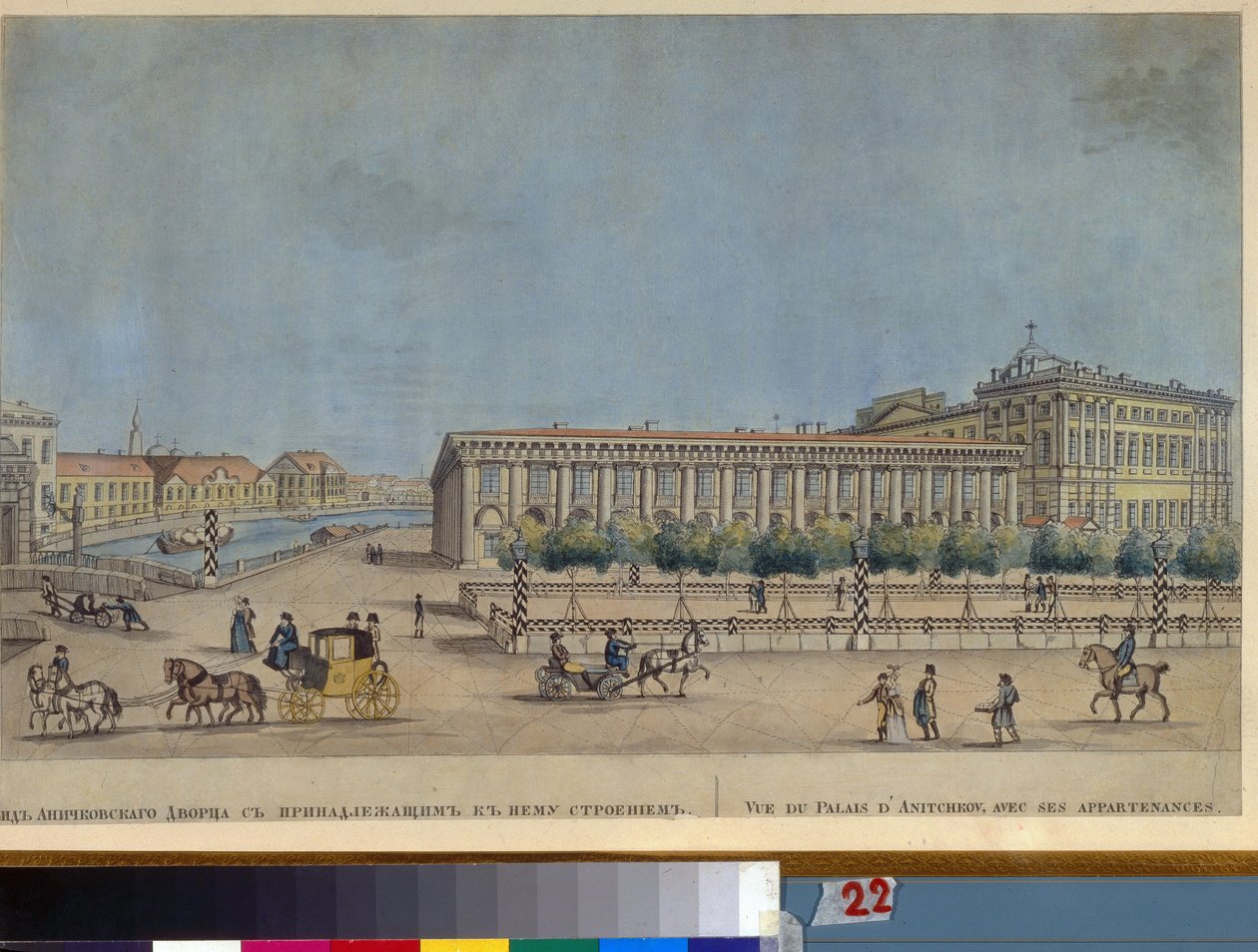 قصر أنيشكوف في سانت بطرسبرغ. (قصر أنيشكوف في سانت بطرسبرغ). (البناء بين 1741 و 1754 ، المهندس بارتولوميو راستريللي (1700-1771). عمل إيفان نيكولايفيتش تيريبينيف (1780-1815) ، نقش على النحاس وألوان مائية بواسطة إيفان نيكولايفيتش تيريبنيف