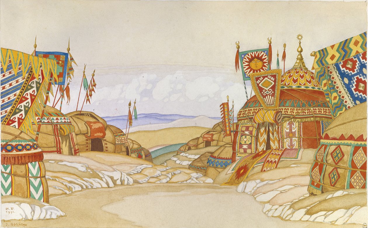 معسكر بولوفتسيان. تصميم المسرح لأوبرا الأمير إيغور من تأليف أ. بورودين ، 1930 بواسطة إيفان ياكوفليفيتش بيليبين
