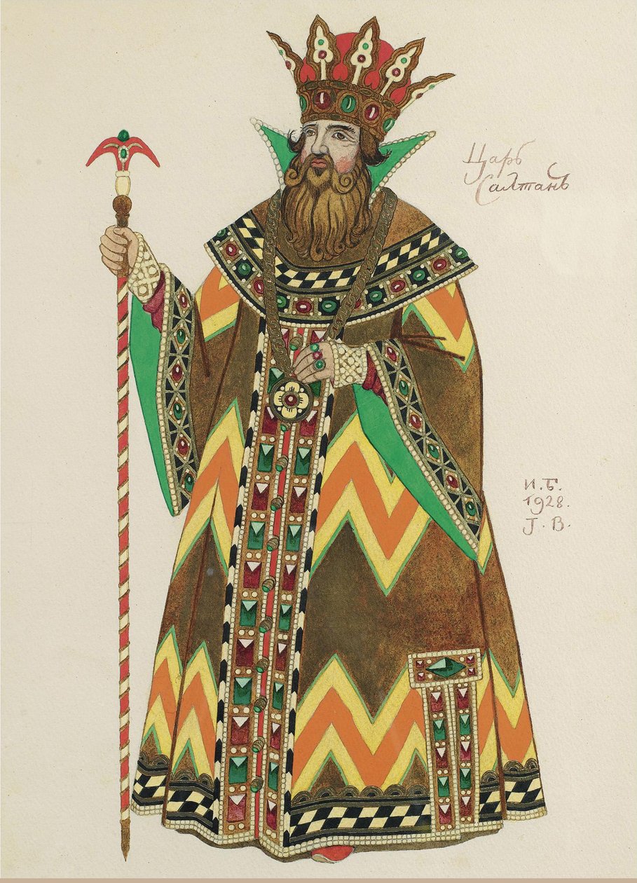 القيصر سلطان. تصميم أزياء للأوبرا حكاية القيصر سالتان من تأليف N.Rimsky-Korsakov ، 1928 بواسطة إيفان ياكوفليفيتش بيليبين