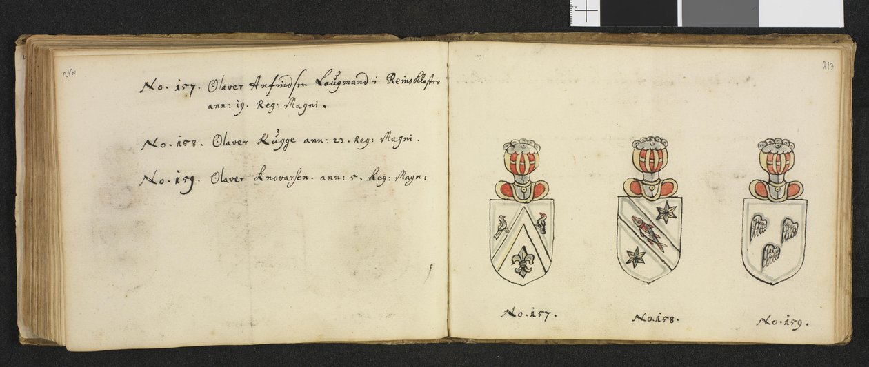 رسم توضيحي مأخوذ من أرشيف خاص في المكتبة الوطنية بعنوان Insignia quædam virorum illustrium in Norvegia quodam Habantium بواسطة Iver Nielssøn Hirtzholm بواسطة إيفر هيرتزهولم