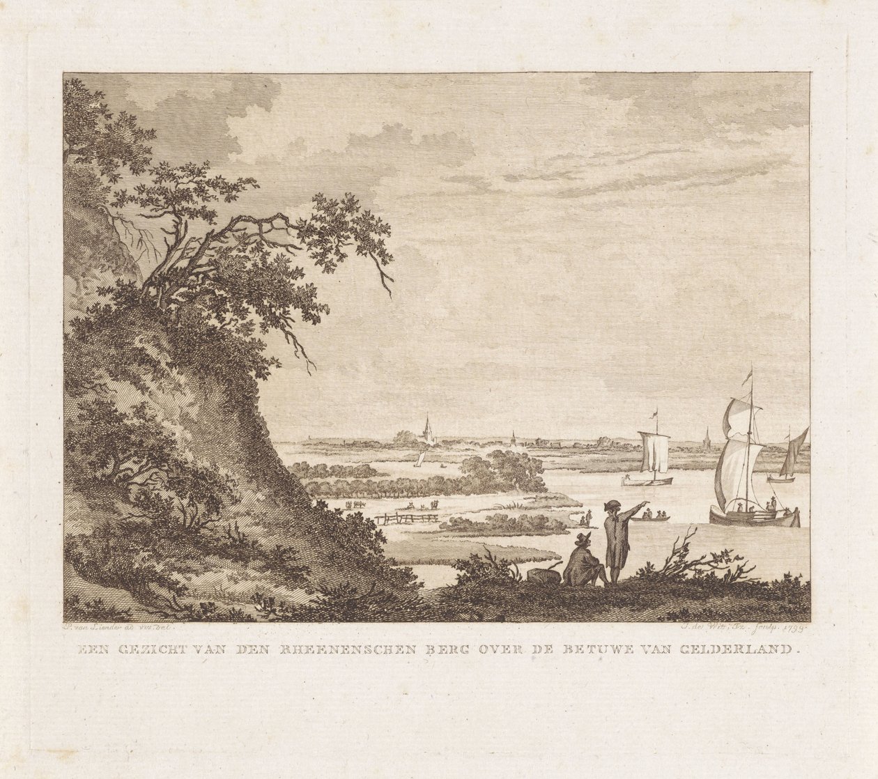 منظر واسع بشخصيتين وسفن شراعية منظر لـ Rheenenschen Berg فوق Betuwe of Gelderland (العنوان على الكائن) بواسطة إزاك جانز. دي فيت