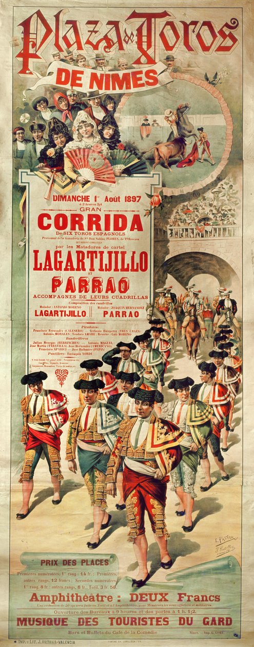 ملصق إعلان مصارعة ثيران في بلازا دي توروس ، نيمز ، 1 أغسطس 1897 ، منقوش بواسطة ج. أورتيجا بواسطة J. and Pastor، E. Estellor